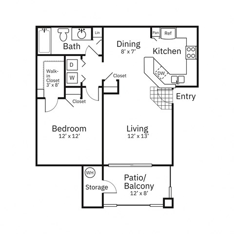 Floor plan for 1 bed, 1 bath, 721 sqft