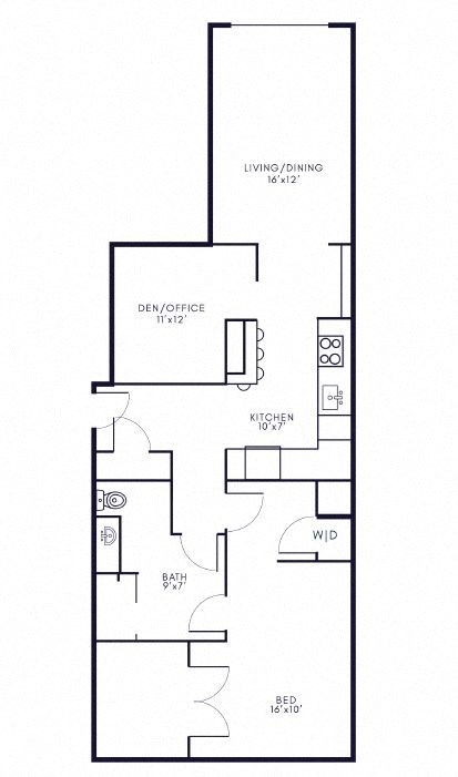 Floor plan for 1 bed, 1 bath, 1165 sqft