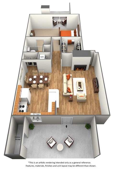Floor plan for 1 bed, 1 bath, 744 sqft