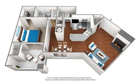 Floor plan for 1 bed, 1 bath, 722 sqft