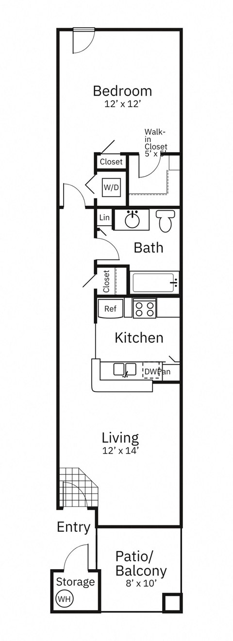 Floor plan for 1 bed, 1 bath, 624 sqft