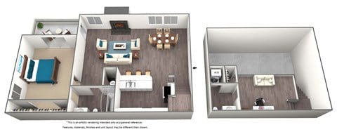 Floor plan for 1 bed, 1.5 baths, 864 sqft