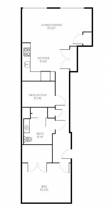 Floor plan for 1 bed, 1 bath, 1081 sqft