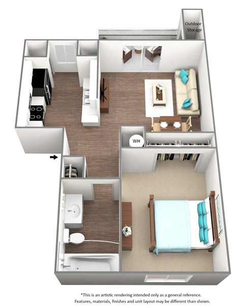 Floor plan for 1 bed, 1 bath, 546 sqft