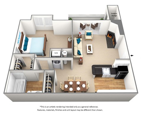 Floor plan for 1 bed, 1 bath, 755 sqft