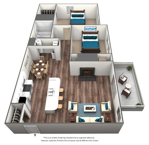 Floor plan for 2 beds, 1 bath, 858 sqft