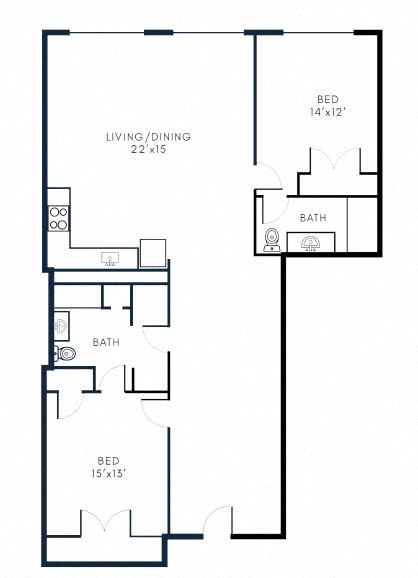 Floor plan for 2 beds, 2 baths, 1162 sqft
