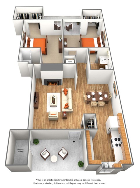 Floor plan for 2 beds, 2 baths, 1009 sqft