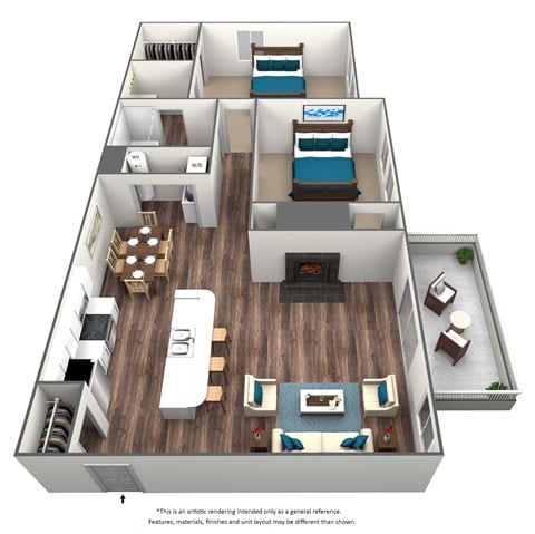 Floor plan for 2 beds, 1.5 baths, 858 sqft