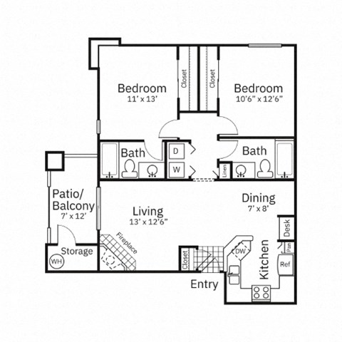Floor plan for 2 beds, 2 baths, 958 sqft