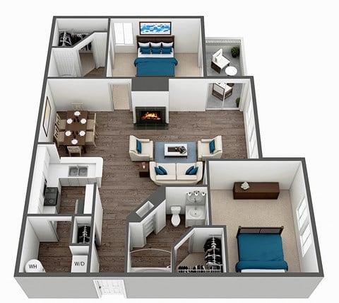 Floor plan for 2 beds, 2 baths, 1076 sqft