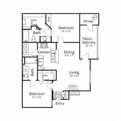 Floor plan for 2 beds, 2 baths, 1004 sqft
