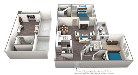 Floor plan for 2 beds, 3 baths, 1280 sqft