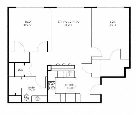 Floor plan for 2 beds, 1 bath, 958 sqft