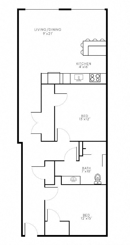 Floor plan for 2 beds, 1 bath, 1162 sqft
