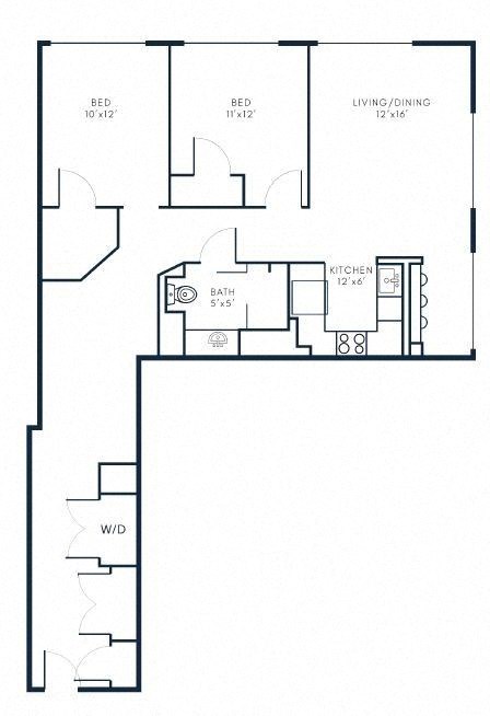 Floor plan for 2 beds, 1 bath, 1271 sqft