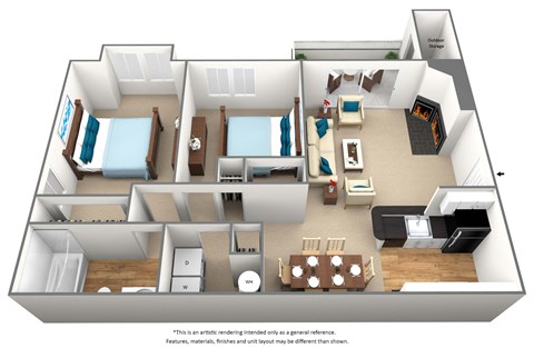 Floor plan for 2 beds, 1 bath, 931 sqft