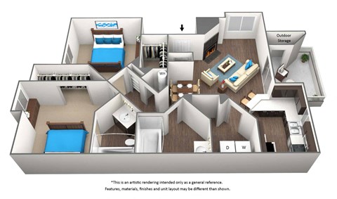 Floor plan for 2 beds, 2 baths, 1101 sqft