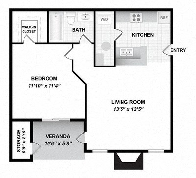 Floor plan for 1 bed, 1 bath, 596 sqft