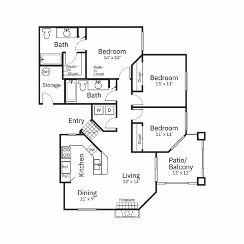 Floor plan for 3 beds, 2 baths, 1248 sqft