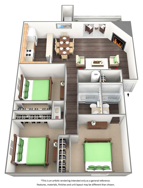 Floor plan for 3 beds, 2 baths, 1200 sqft