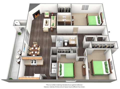 Floor plan for 3 beds, 2 baths, 1444 sqft