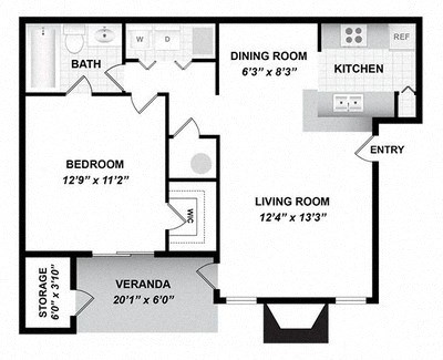 Floor plan for 1 bed, 1 bath, 773 sqft