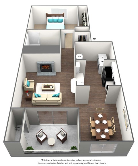Floor plan for 1 bed, 1 bath, 709 sqft