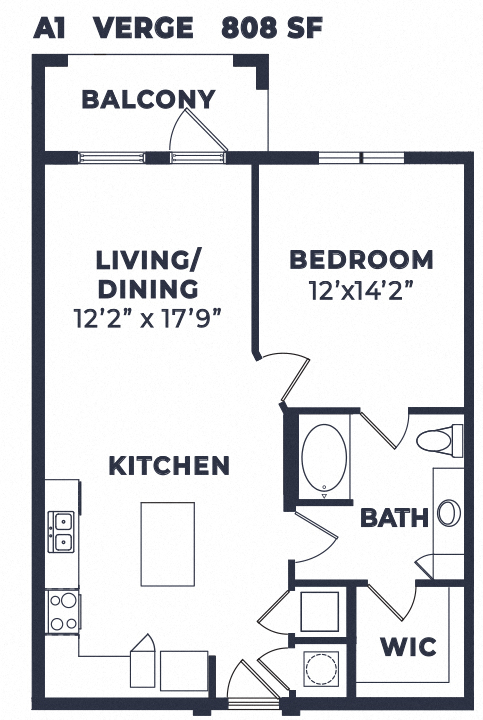 Floor plan for 1 bed, 1 bath, 808 sqft
