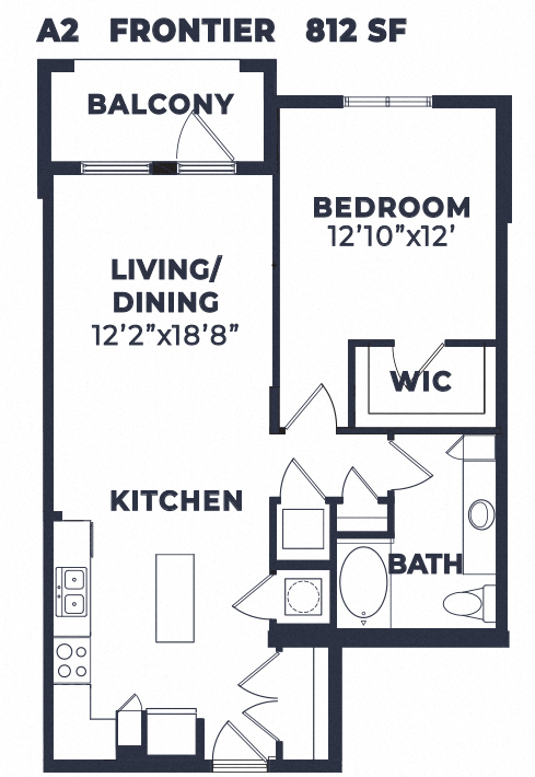 Floor plan for 1 bed, 1 bath, 814 sqft