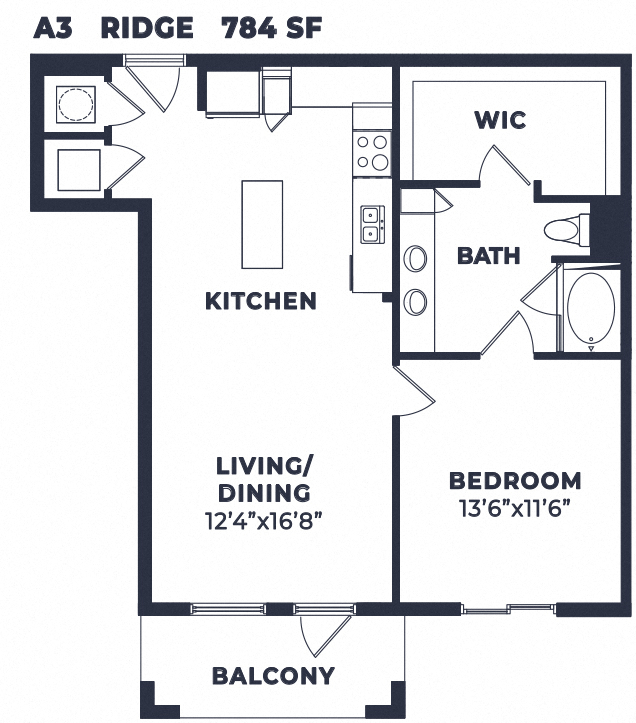 Floor plan for 1 bed, 1 bath, 832 sqft