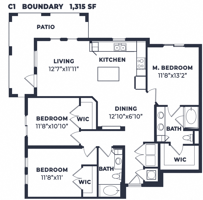 Floor plan for 3 beds, 2 baths, 1350 sqft