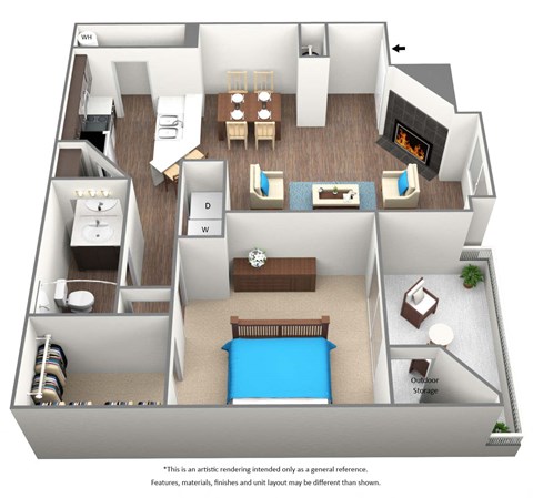 Floor plan for 1 bed, 1 bath, 808 sqft