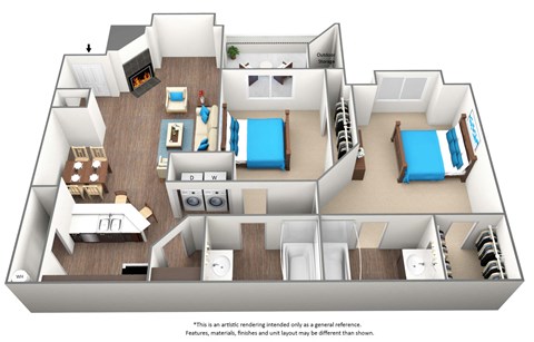 Floor plan for 2 beds, 2 baths, 1058 sqft