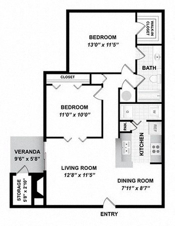Floor plan for 2 beds, 1 bath, 915 sqft