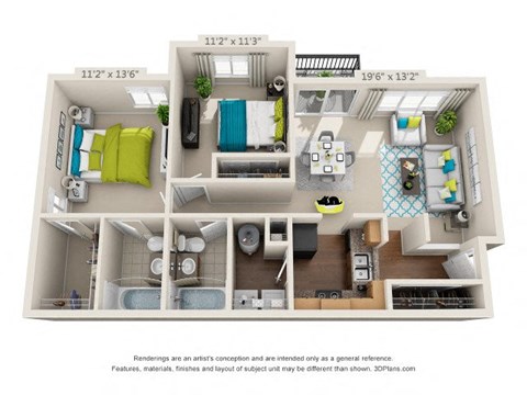 Floor plan for 2 beds, 2 baths, 966 sqft