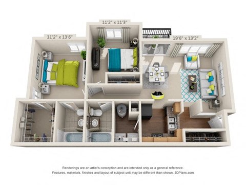 Floor plan for 2 beds, 2 baths, 983 sqft