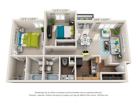 Floor plan for 2 beds, 2 baths, 966 sqft