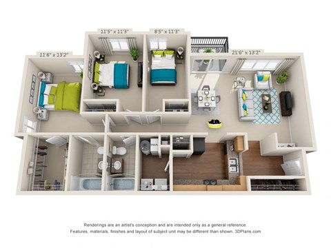 Floor plan for 3 beds, 2 baths, 1228 sqft