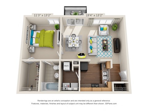 Floor plan for 1 bed, 1 bath, 683 sqft