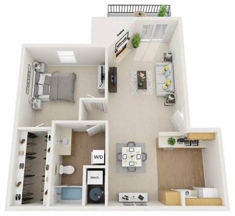 Floor plan for 1 bed, 1 bath, 640 sqft