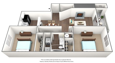 Floor plan for 2 beds, 1 bath, 863 sqft
