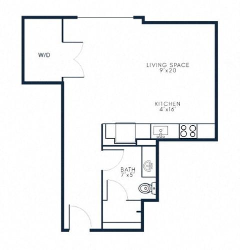 Floor plan for studio, 1 bath, 620 sqft