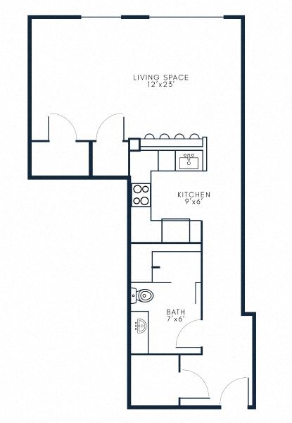 Floor plan for studio, 1 bath, 738 sqft