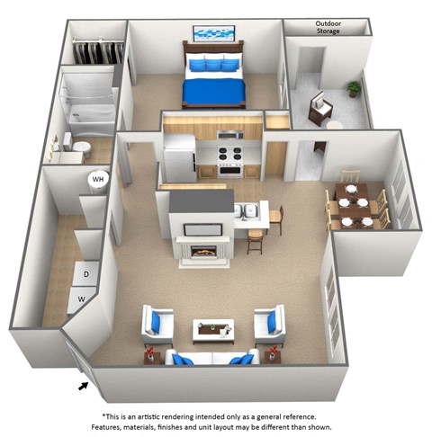Floor plan for 1 bed, 1 bath, 920 sqft