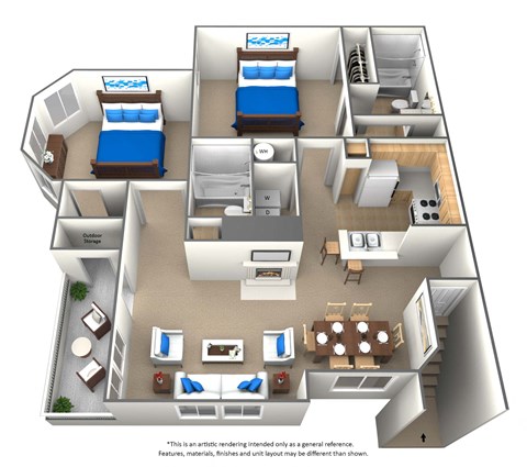 Floor plan for 2 beds, 2 baths, 1100 sqft