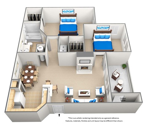 Floor plan for 2 beds, 1 bath, 971 sqft