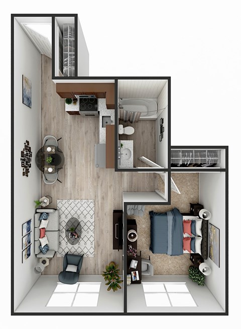 Floor plan for 1 bed, 1 bath, 725 sqft