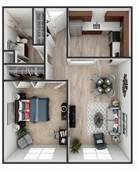 Floor plan for 1 bed, 1 bath, 725 sqft
