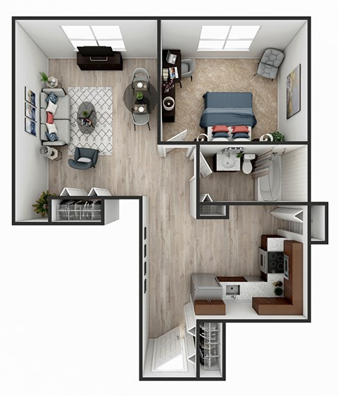 Floor plan for 1 bed, 1 bath, 750 sqft